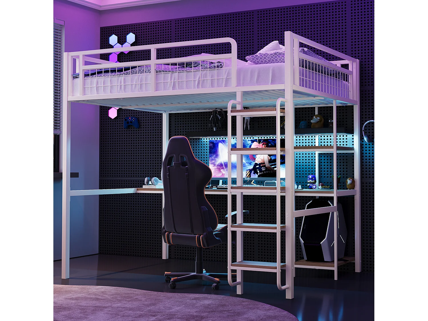 Lit mezzanine 140x200 avec échelle lit enfant avec table et étagère barrière de sécurité grillagée en métal Blanc