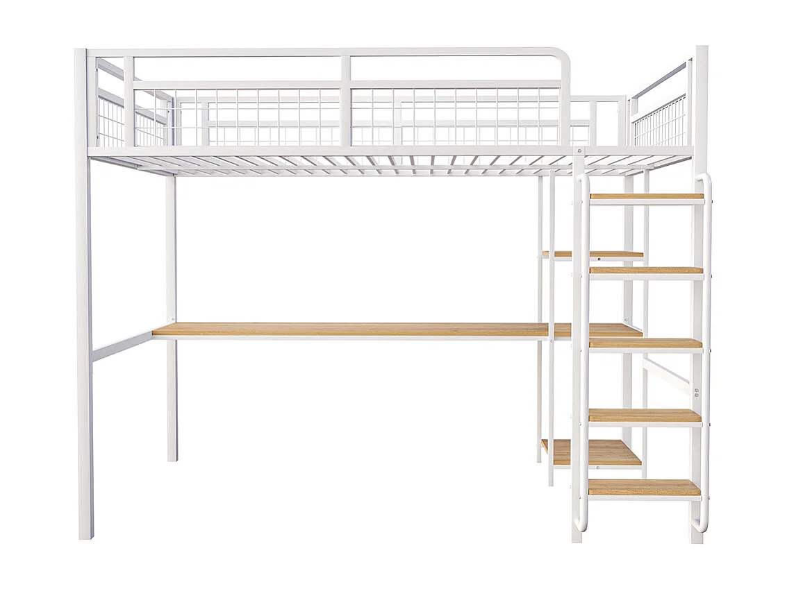 Lit mezzanine 140x200 avec échelle lit enfant avec table et étagère barrière de sécurité grillagée en métal Blanc