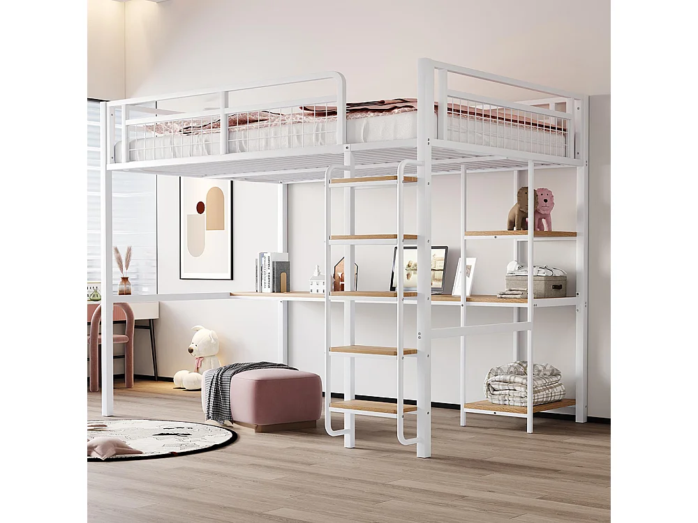 Lit mezzanine 140x200 avec échelle lit enfant avec table et étagère barrière de sécurité grillagée en métal Blanc