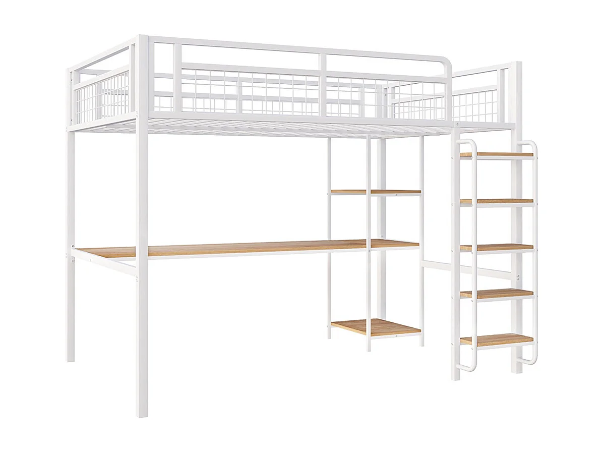 Lit mezzanine 140x200 avec échelle lit enfant avec table et étagère barrière de sécurité grillagée en métal Blanc