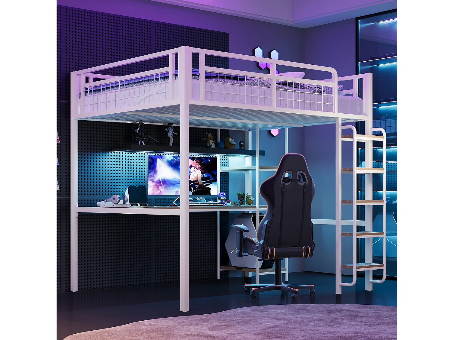 Lit mezzanine 140x200 avec échelle lit enfant avec table et étagère barrière de sécurité grillagée en métal Blanc