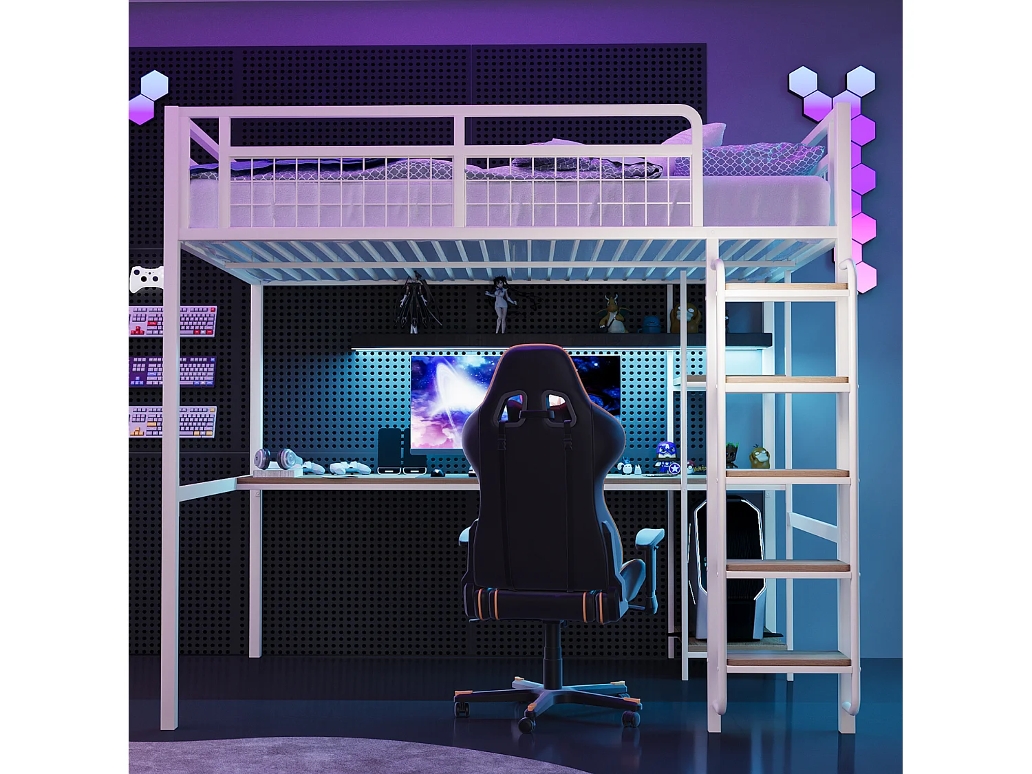 Lit mezzanine 140x200 avec échelle lit enfant avec table et étagère barrière de sécurité grillagée en métal Blanc