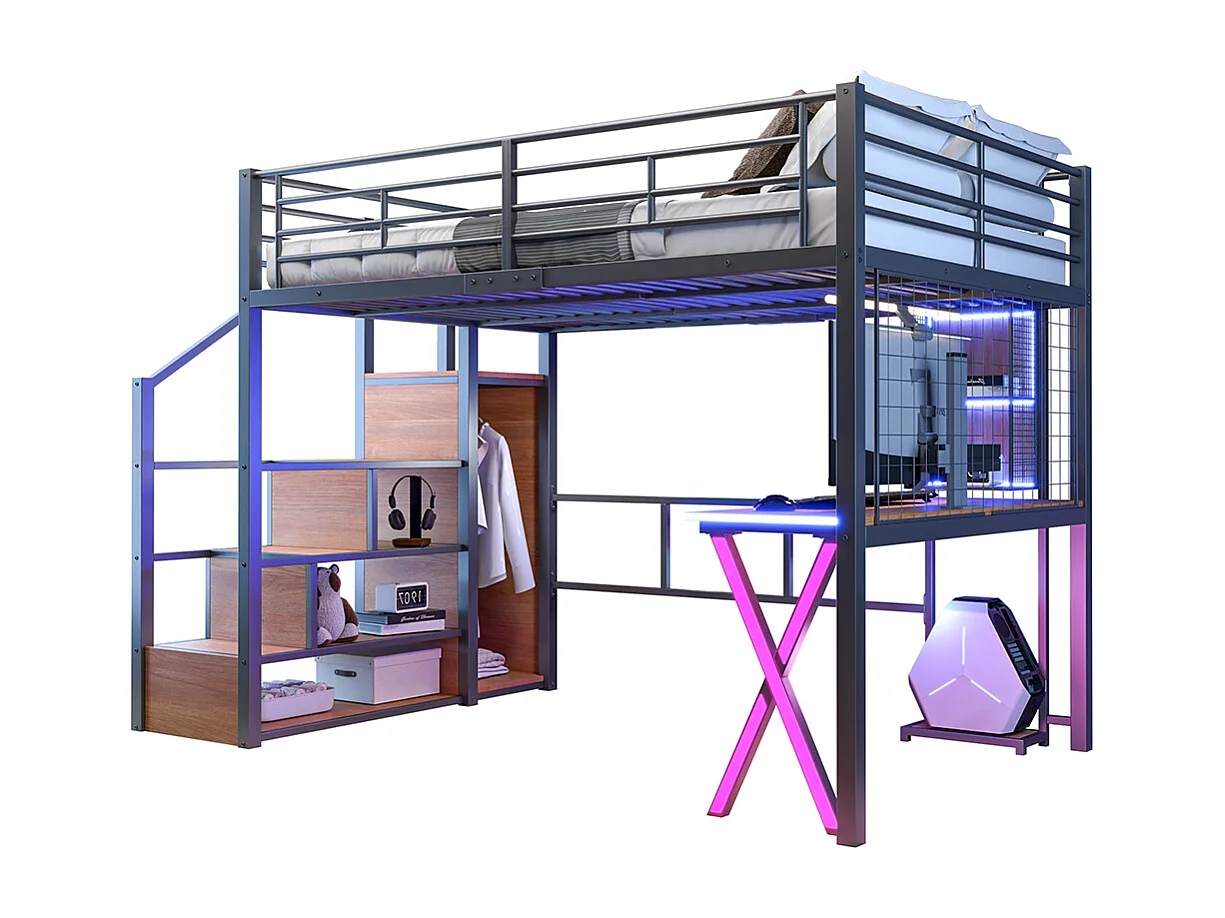 Lit mezzanine 140x200 éclairage d'ambiance télécommandé échelle de rangement bureau armoire étagères Noir