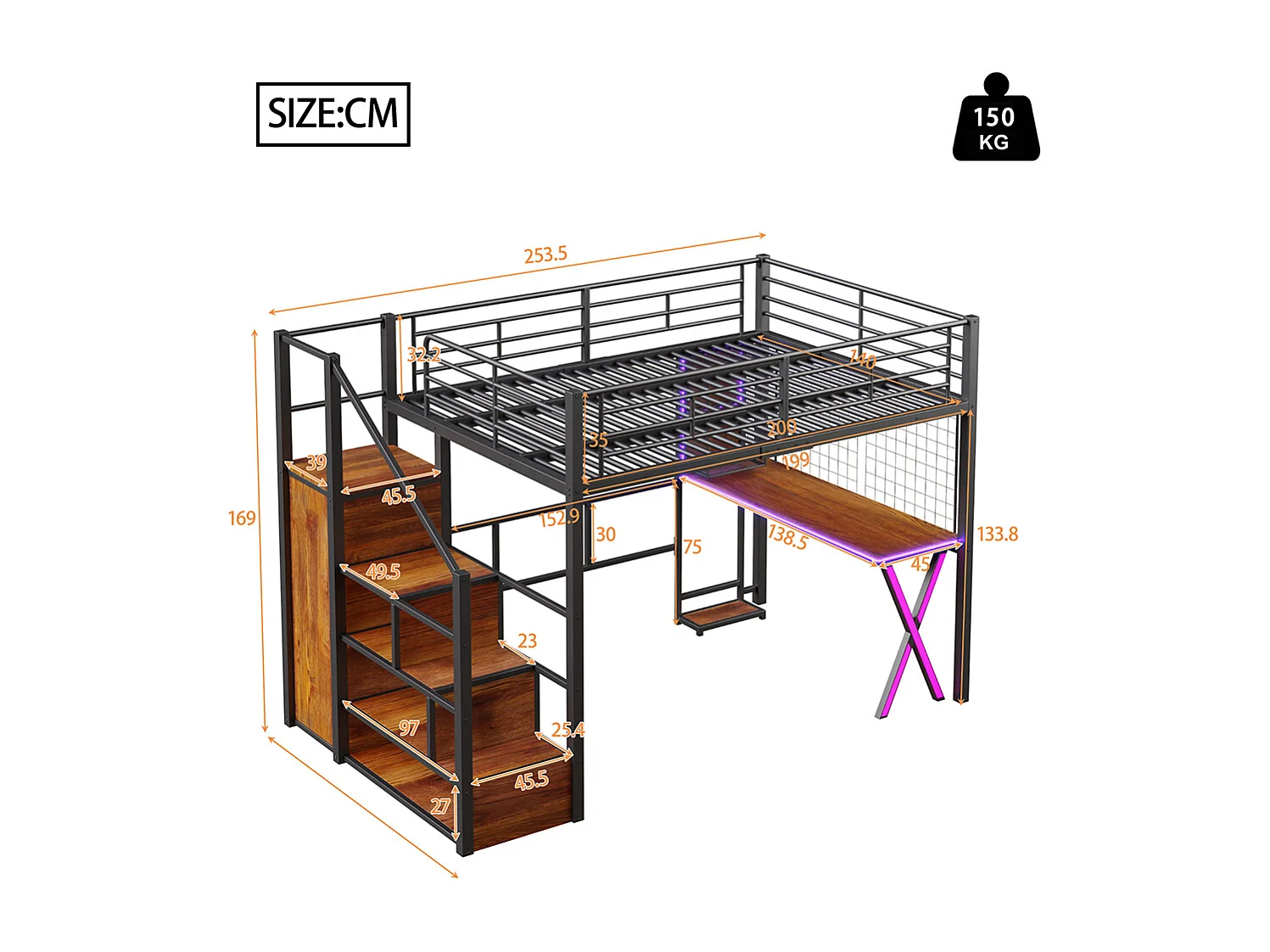 Lit mezzanine 140x200 éclairage d'ambiance télécommandé échelle de rangement bureau armoire étagères Noir