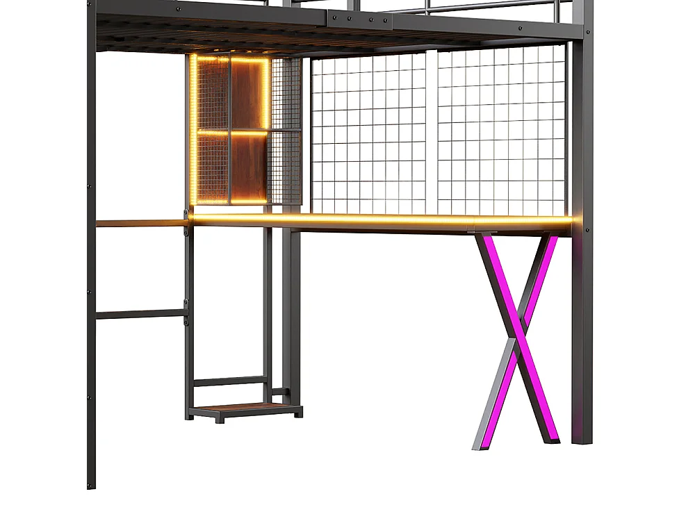 Lit mezzanine 140x200 éclairage d'ambiance télécommandé échelle de rangement bureau armoire étagères Noir