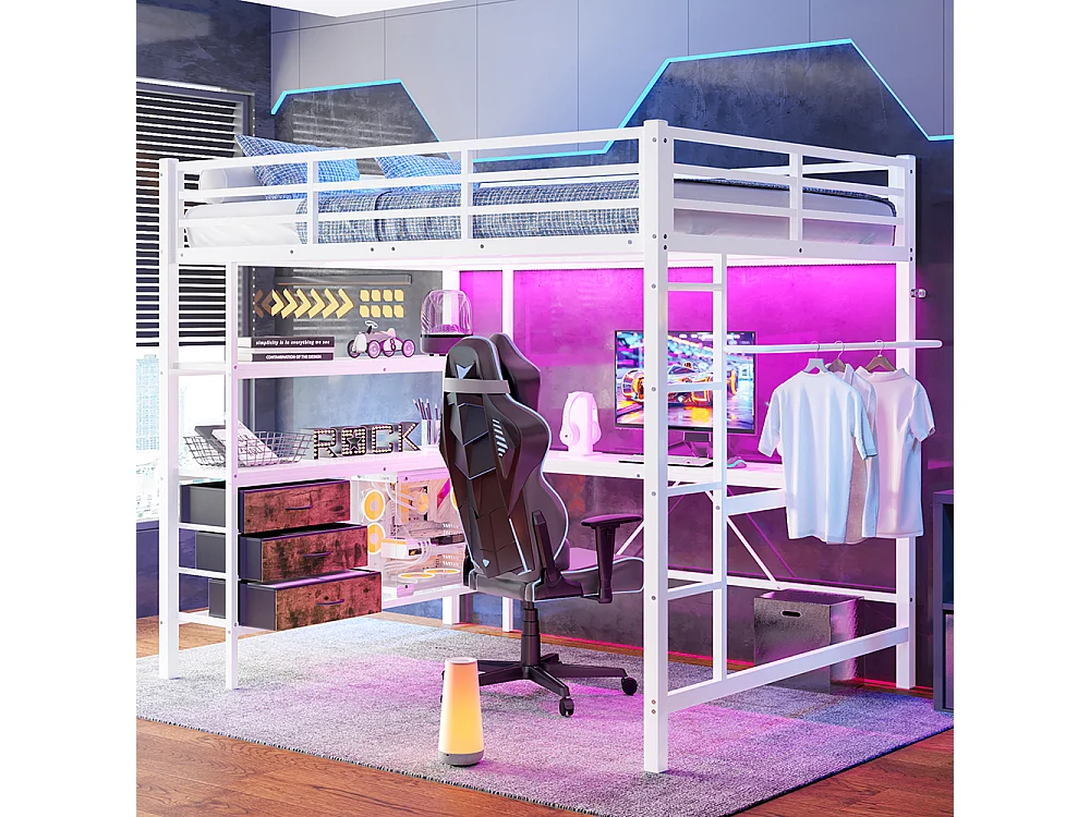 Lit mezzanine 140x200 éclairage d'ambiance avec télécommande bureau prise+USB 3 tiroirs étagères garde-corps escalier Blanc