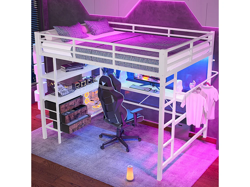 Lit mezzanine 140x200 éclairage d'ambiance avec télécommande bureau prise+USB 3 tiroirs étagères garde-corps escalier Blanc