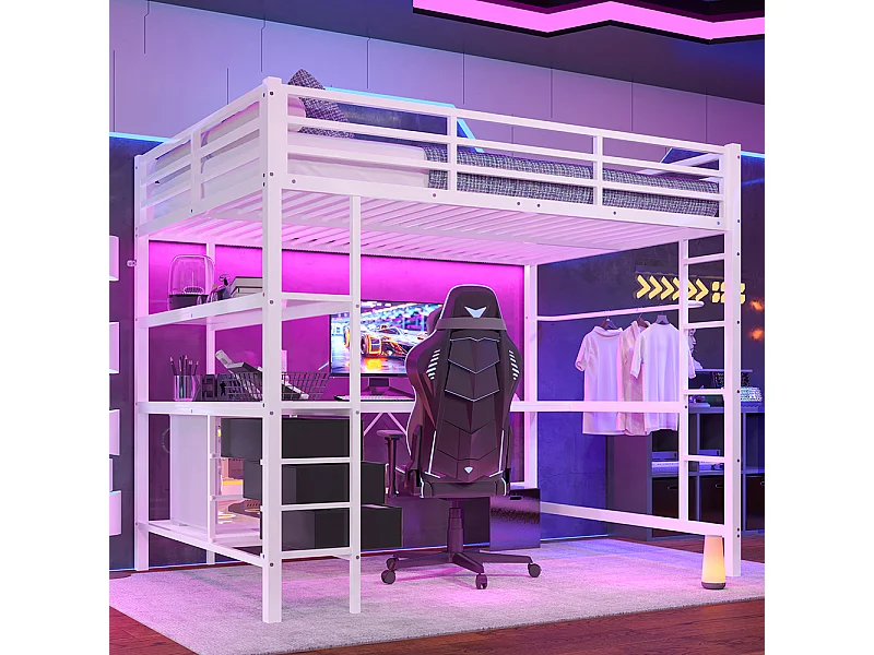 Lit mezzanine 140x200 éclairage d'ambiance avec télécommande bureau prise+USB 3 tiroirs étagères garde-corps escalier Blanc