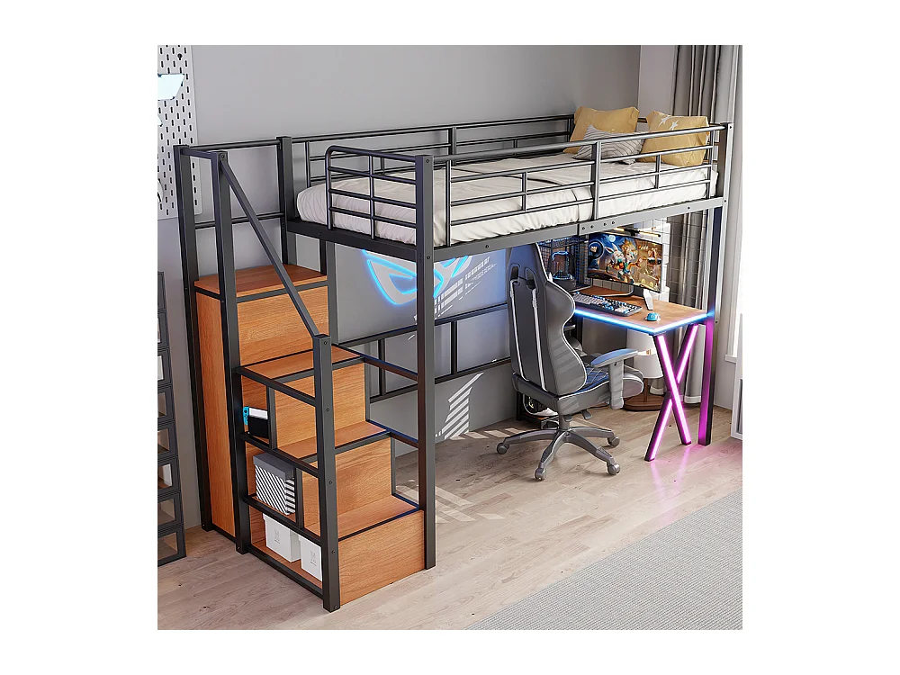Lit mezzanine 90x200 éclairage d'ambiance télécommandé échelle de rangement bureau armoire étagères Noir