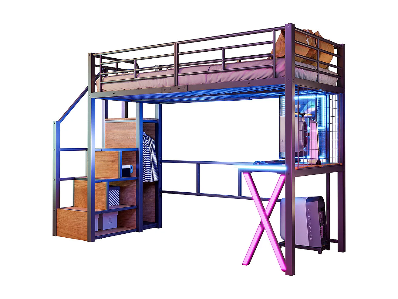 Lit mezzanine 90x200 éclairage d'ambiance télécommandé échelle de rangement bureau armoire étagères Noir