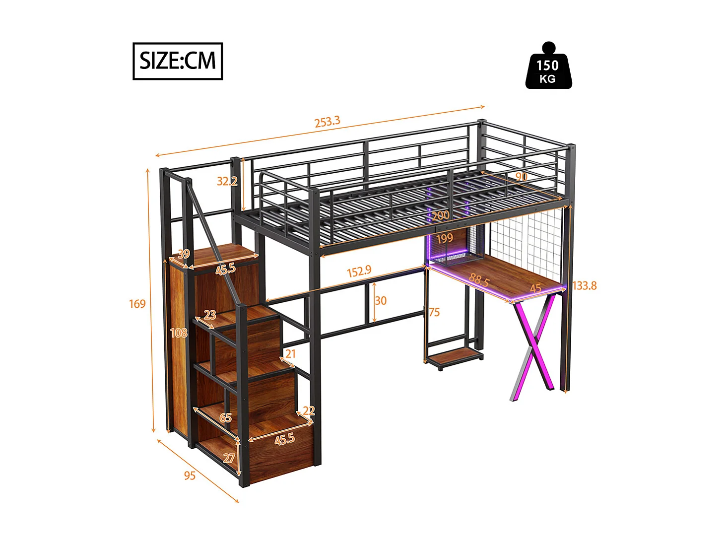 Lit mezzanine 90x200 éclairage d'ambiance télécommandé échelle de rangement bureau armoire étagères Noir