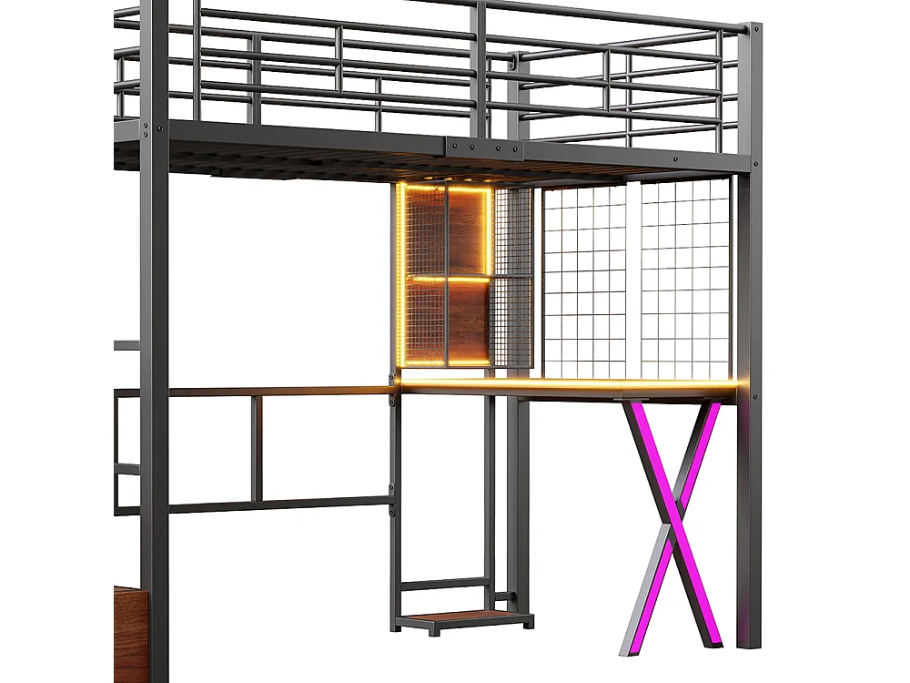 Lit mezzanine 90x200 éclairage d'ambiance télécommandé échelle de rangement bureau armoire étagères Noir