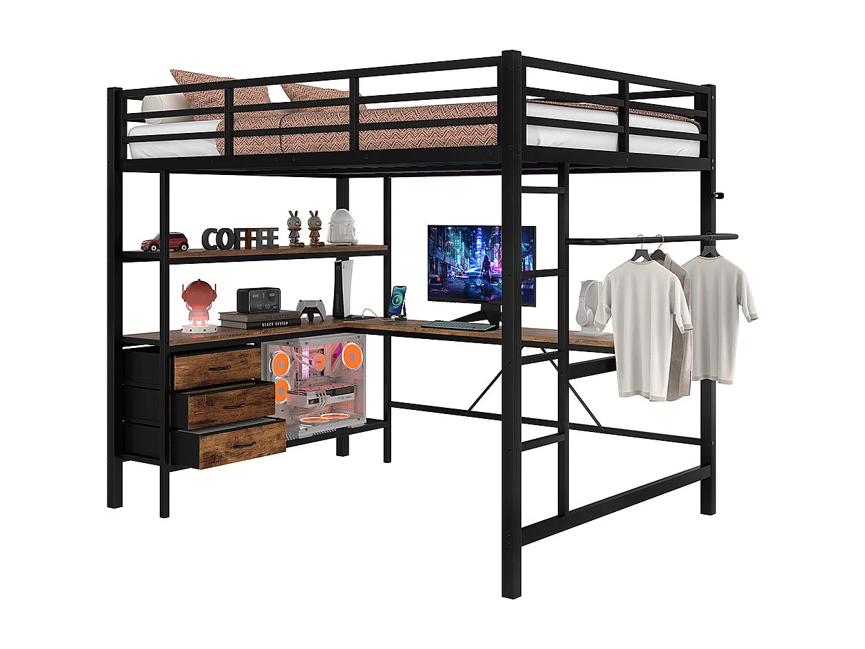 Lit mezzanine 140x200 éclairage d'ambiance avec télécommande bureau prise+USB 3 tiroirs étagères garde-corps escalier Noir