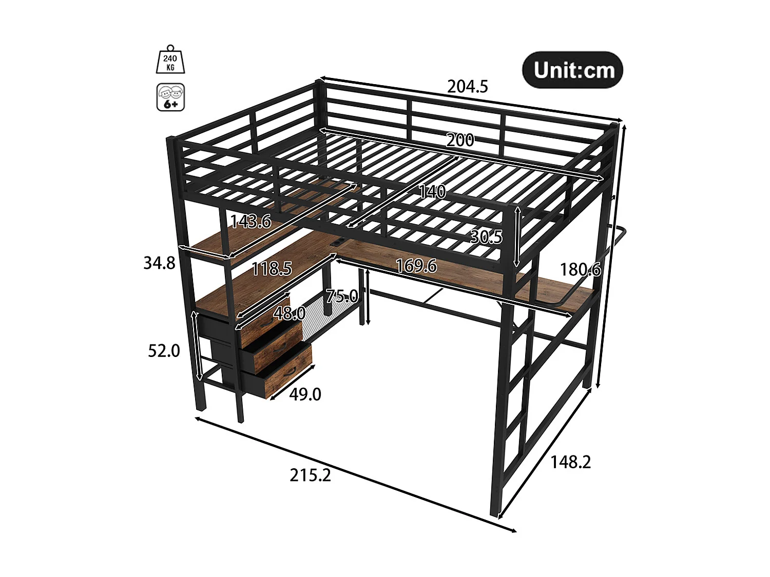 Lit mezzanine 140x200 éclairage d'ambiance avec télécommande bureau prise+USB 3 tiroirs étagères garde-corps escalier Noir