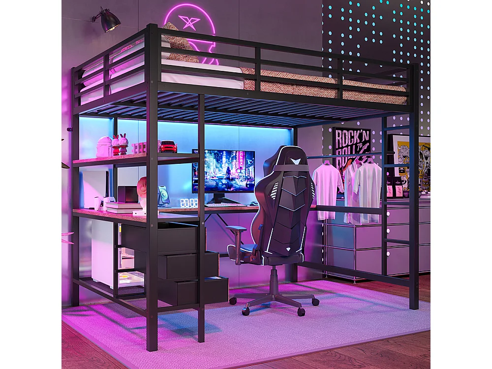 Lit mezzanine 140x200 éclairage d'ambiance avec télécommande bureau prise+USB 3 tiroirs étagères garde-corps escalier Noir