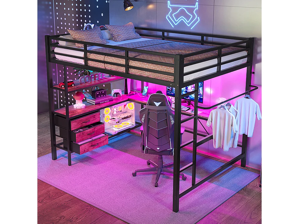 Lit mezzanine 140x200 éclairage d'ambiance avec télécommande bureau prise+USB 3 tiroirs étagères garde-corps escalier Noir