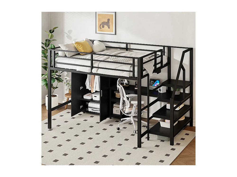Lit mezzanine 140x200 armoire étagères échelle de rangement bureau Noir
