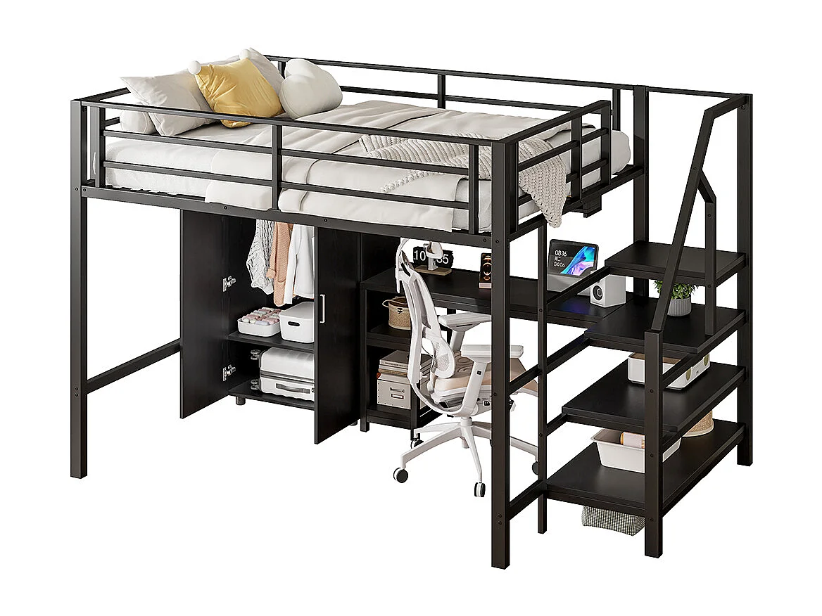Lit mezzanine 140x200 armoire étagères échelle de rangement bureau Noir