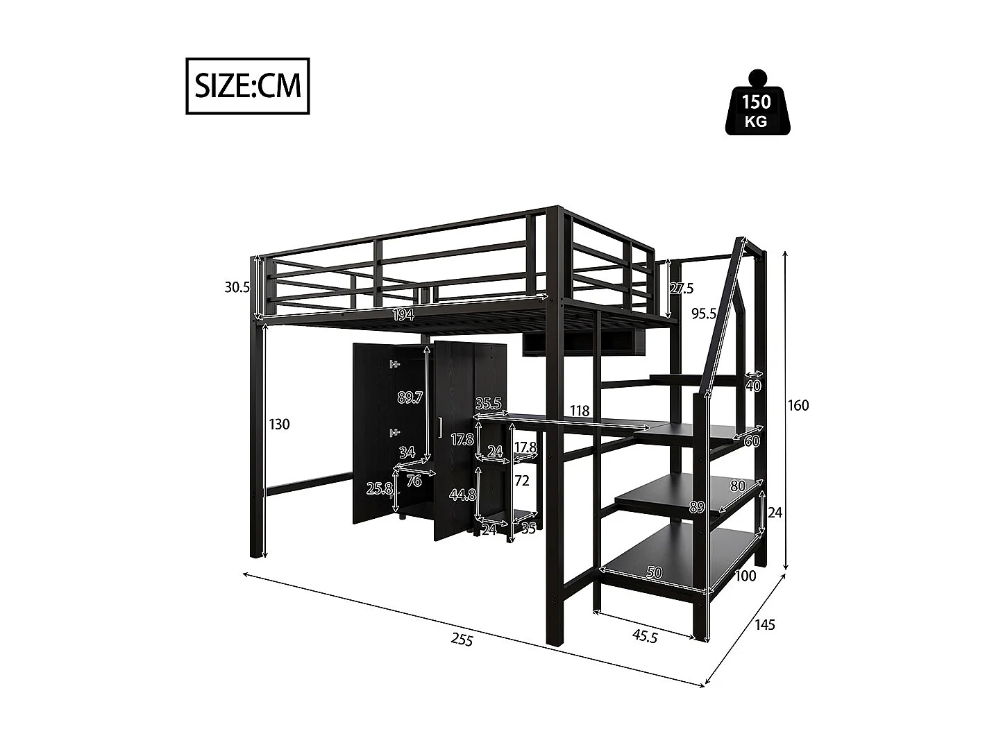 Lit mezzanine 140x200 armoire étagères échelle de rangement bureau Noir