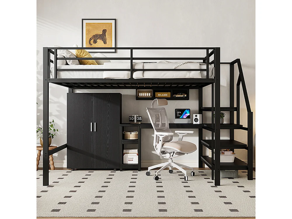 Lit mezzanine 140x200 armoire étagères échelle de rangement bureau Noir