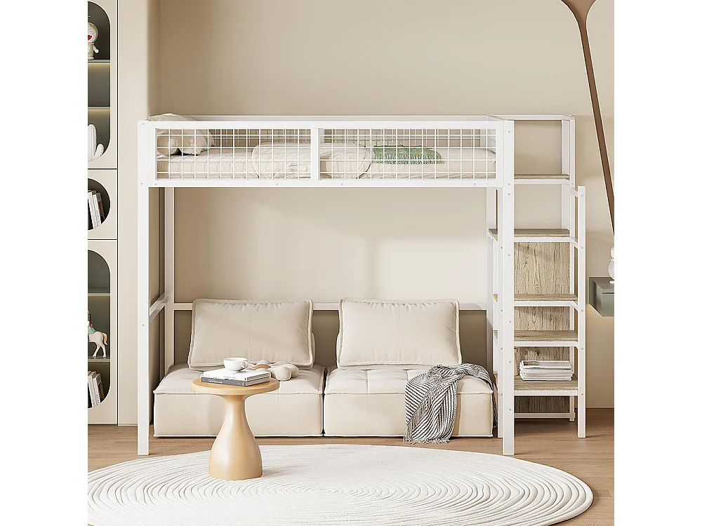 Lit mezzanine 140x200 avec échelle lit enfant avec cadre en fer et étagère de rangement armoire Blanc