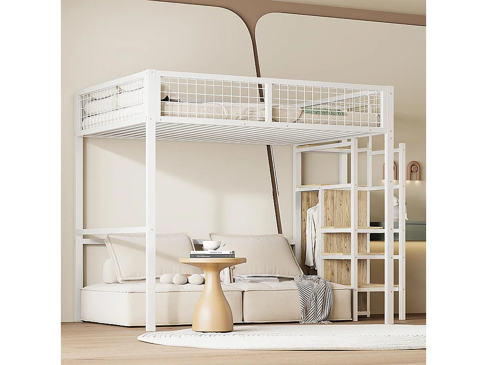 Lit mezzanine 140x200 avec échelle lit enfant avec cadre en fer et étagère de rangement armoire Blanc