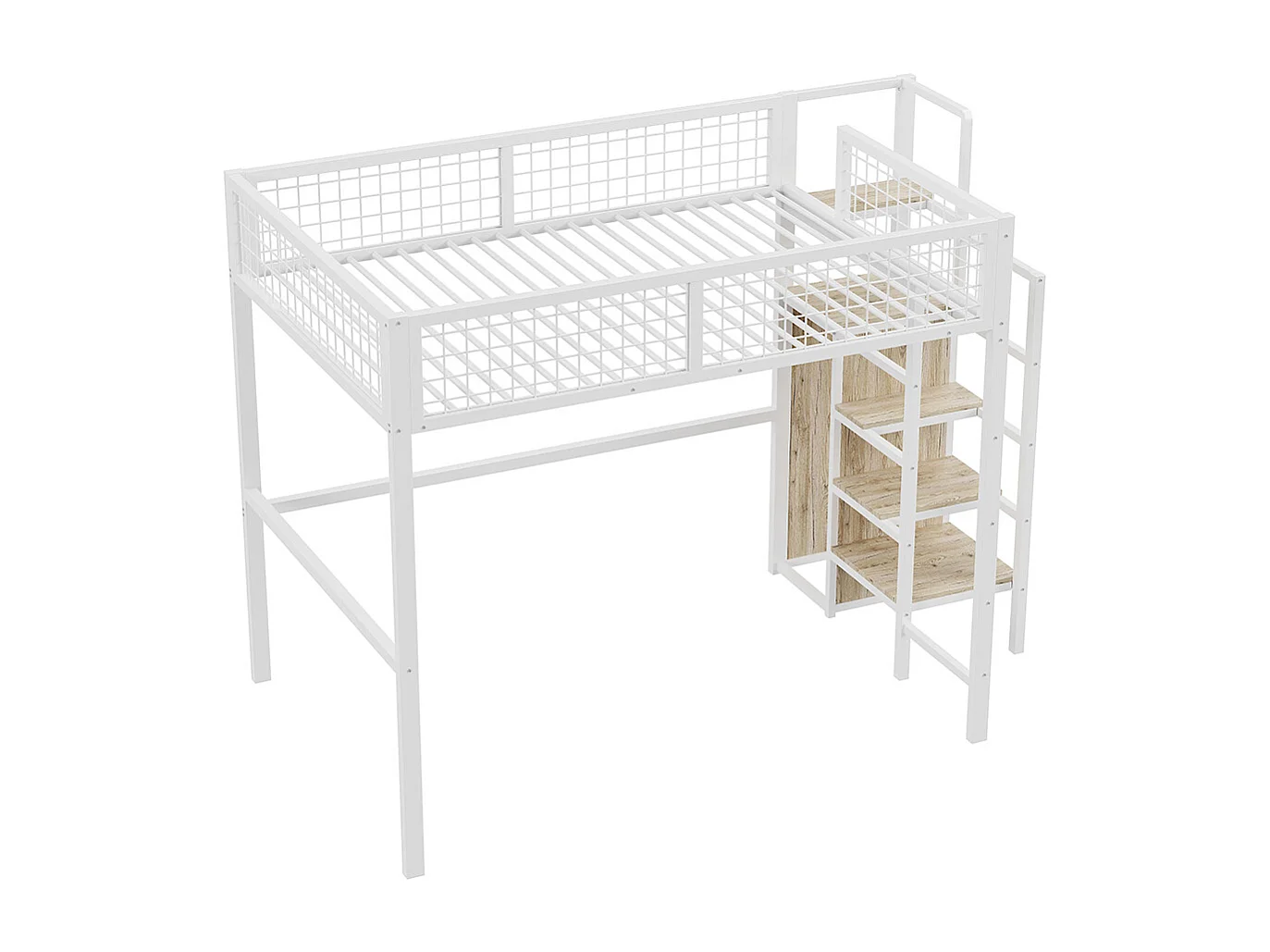 Lit mezzanine 140x200 avec échelle lit enfant avec cadre en fer et étagère de rangement armoire Blanc