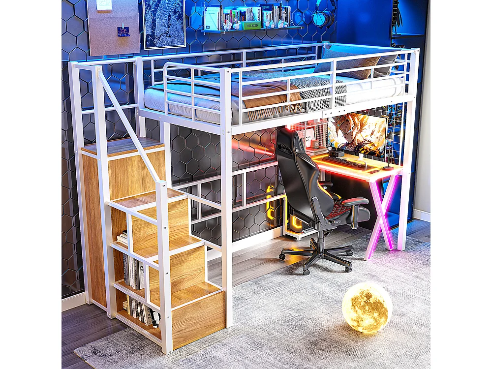 Lit mezzanine 90x200 éclairage d'ambiance télécommandé échelle de rangement bureau armoire étagères Blanc