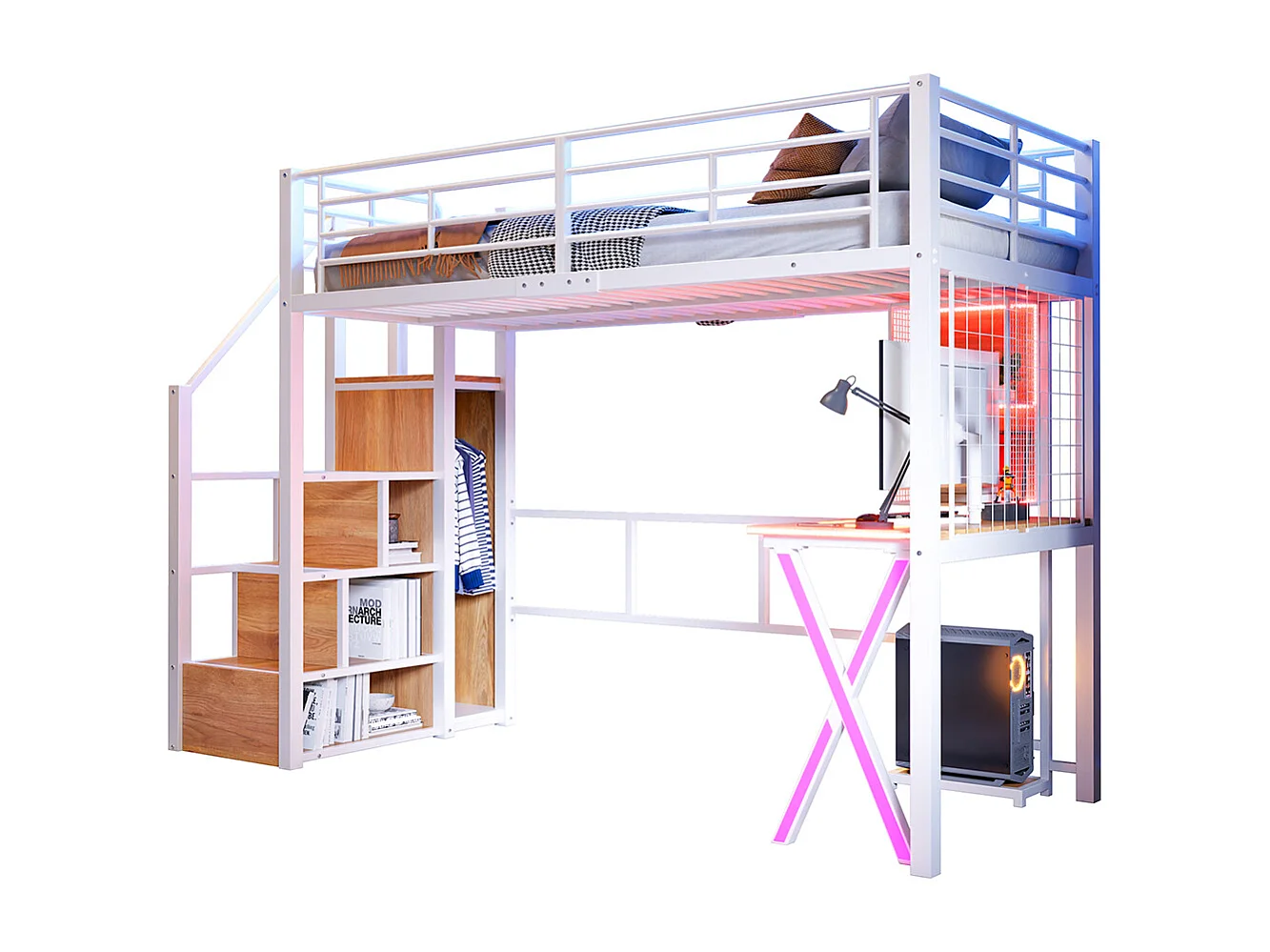 Lit mezzanine 90x200 éclairage d'ambiance télécommandé échelle de rangement bureau armoire étagères Blanc