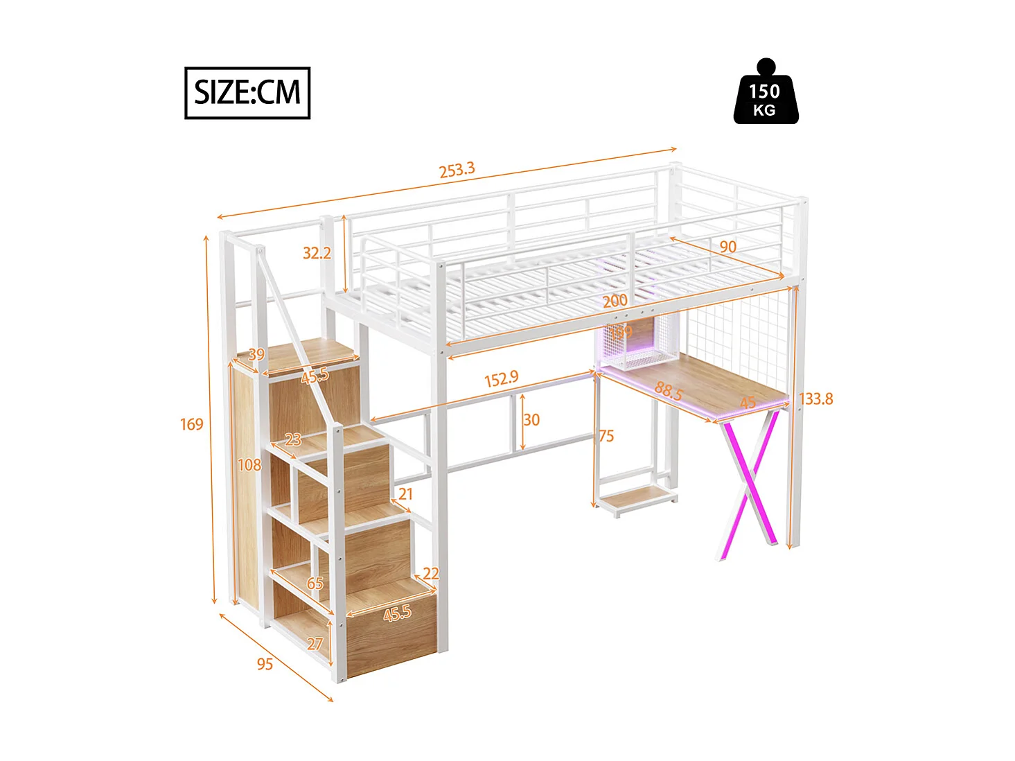 Lit mezzanine 90x200 éclairage d'ambiance télécommandé échelle de rangement bureau armoire étagères Blanc