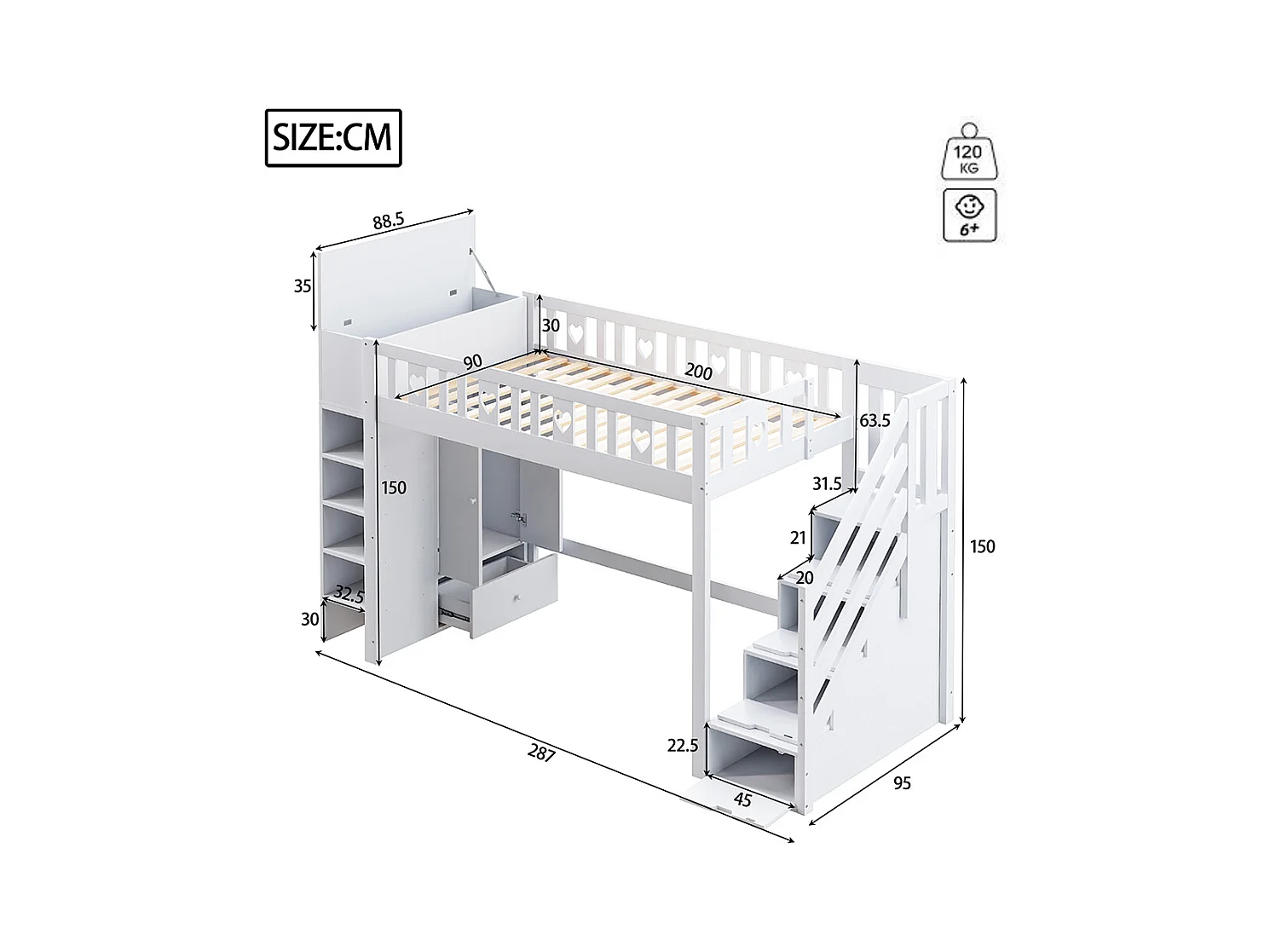 Lit mezzanine 90x200 échelle de rangement étagères armoire de rangement pliable pour le revêtement balustrade Blanc