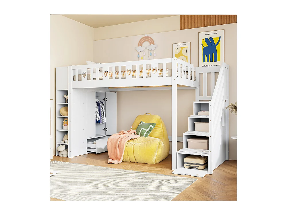 Lit mezzanine 90x200 échelle de rangement étagères armoire de rangement pliable pour le revêtement balustrade Blanc