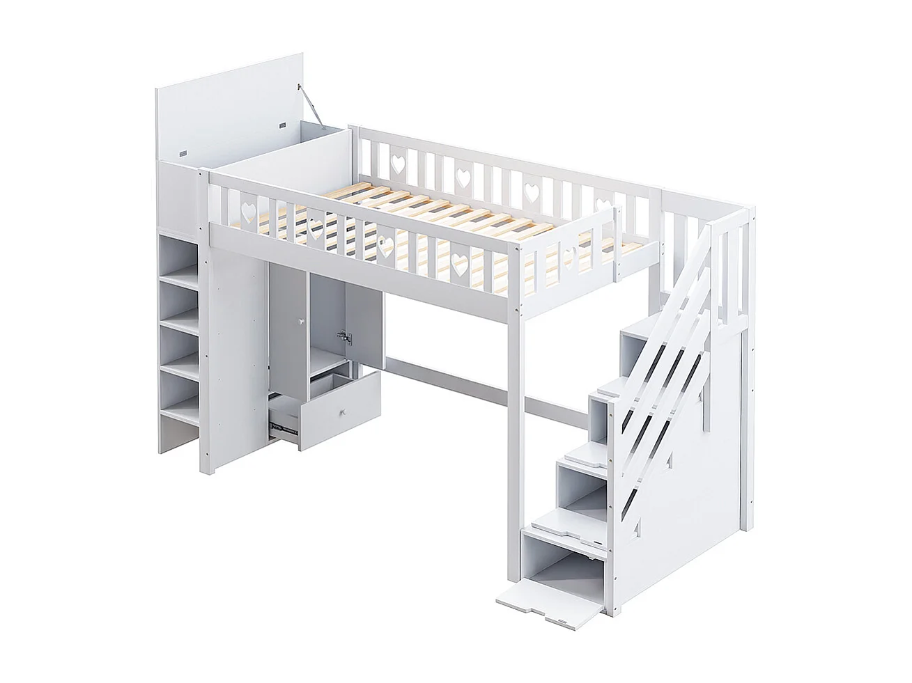 Lit mezzanine 90x200 échelle de rangement étagères armoire de rangement pliable pour le revêtement balustrade Blanc