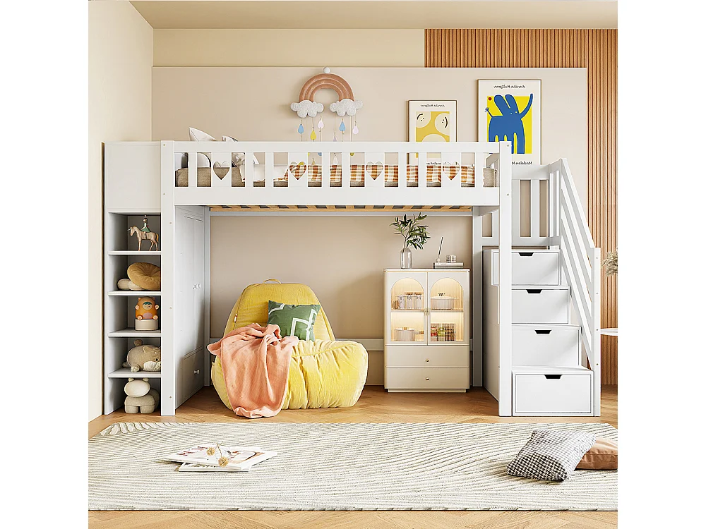 Lit mezzanine 90x200 échelle de rangement étagères armoire de rangement pliable pour le revêtement balustrade Blanc