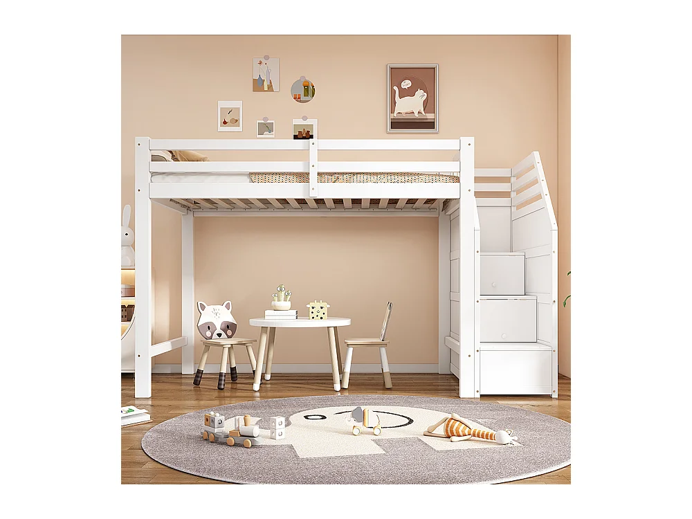 Lit mezzanine enfant 90x200 lit avec sommier à lattes garde-corps marches escamotables Blanc