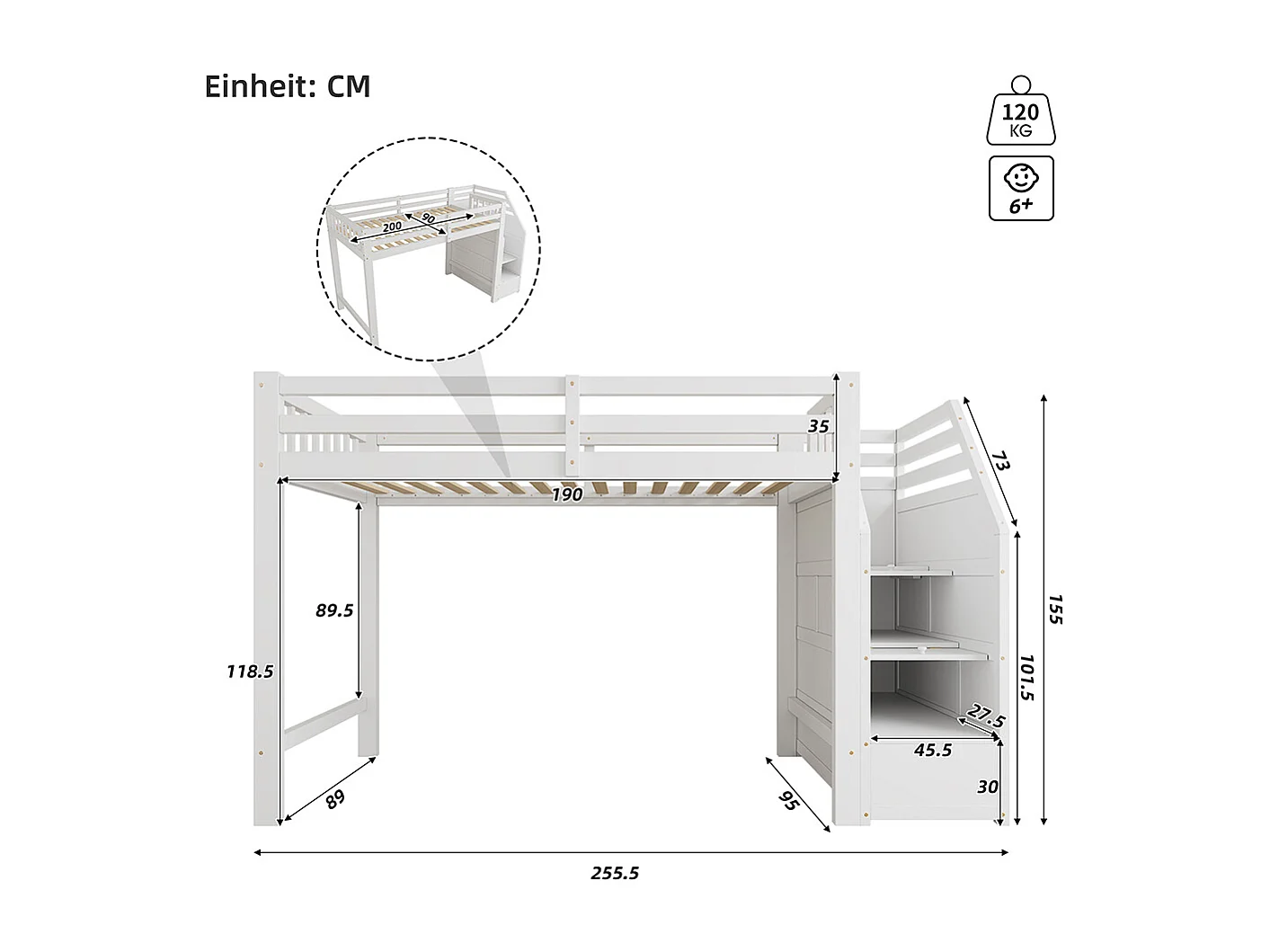 Lit mezzanine enfant 90x200 lit avec sommier à lattes garde-corps marches escamotables Blanc