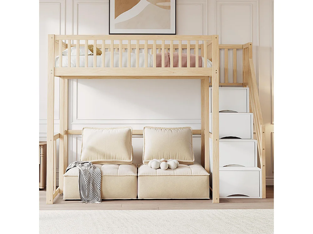 Lit mezzanine enfant 140x200 avec échelle de sécurité bordure de sécurité cadre de lit en pin massif couleur Bois d'origine