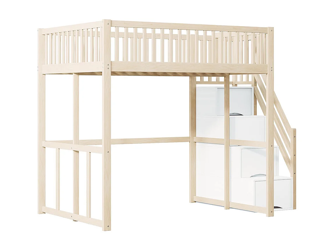 Lit mezzanine enfant 140x200 avec échelle de sécurité bordure de sécurité cadre de lit en pin massif couleur Bois d'origine
