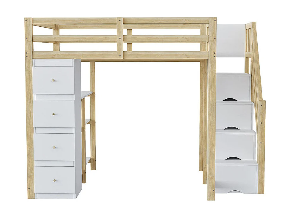 Lit mezzanine enfant 140x200 avec tiroir de rangement Commode avec étagères échelle à grimper de sécurité Couleur Bois