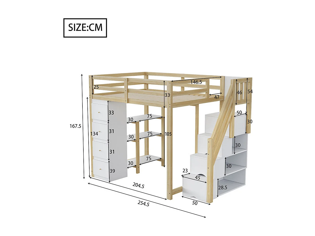 Lit mezzanine enfant 140x200 avec tiroir de rangement Commode avec étagères échelle à grimper de sécurité Couleur Bois