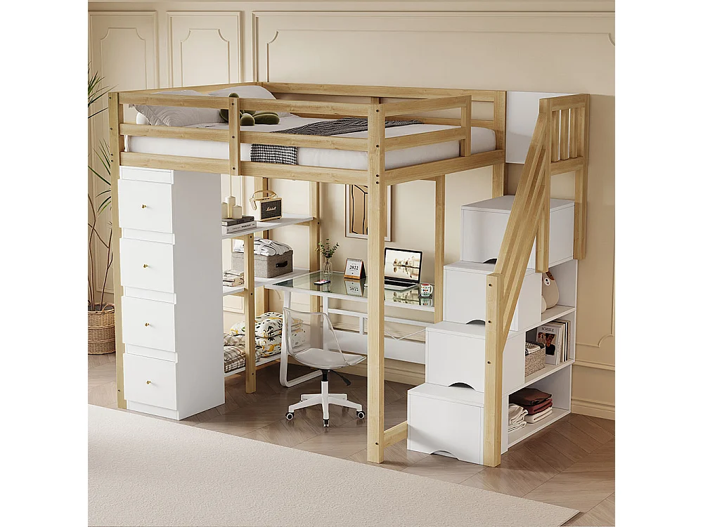 Lit mezzanine enfant 140x200 avec tiroir de rangement Commode avec étagères échelle à grimper de sécurité Couleur Bois