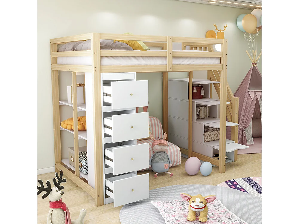 Lit mezzanine enfant 140x200 avec tiroir de rangement Commode avec étagères échelle à grimper de sécurité Couleur Bois