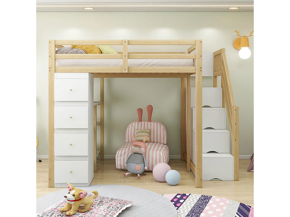 Lit mezzanine enfant 140x200 avec tiroir de rangement Commode avec étagères échelle à grimper de sécurité Couleur Bois