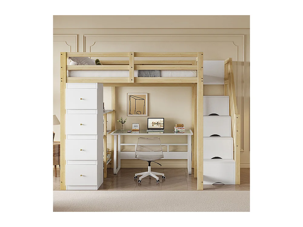 Lit mezzanine enfant 140x200 avec tiroir de rangement Commode avec étagères échelle à grimper de sécurité Couleur Bois