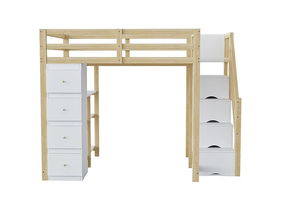 Lit mezzanine enfant 140x200 avec tiroir de rangement Commode avec étagères échelle à grimper de sécurité Couleur Bois
