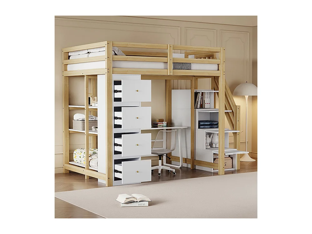 Lit mezzanine enfant 140x200 avec tiroir de rangement Commode avec étagères échelle à grimper de sécurité Couleur Bois