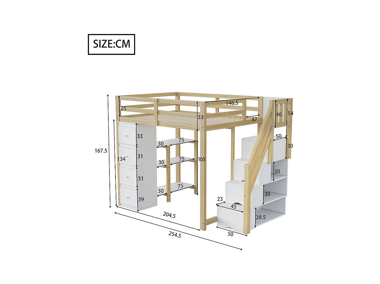 Lit mezzanine enfant 140x200 avec tiroir de rangement Commode avec étagères échelle à grimper de sécurité Couleur Bois