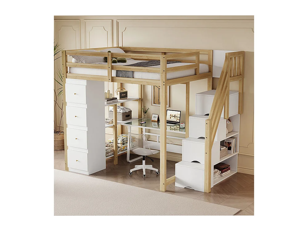 Lit mezzanine enfant 140x200 avec tiroir de rangement Commode avec étagères échelle à grimper de sécurité Couleur Bois