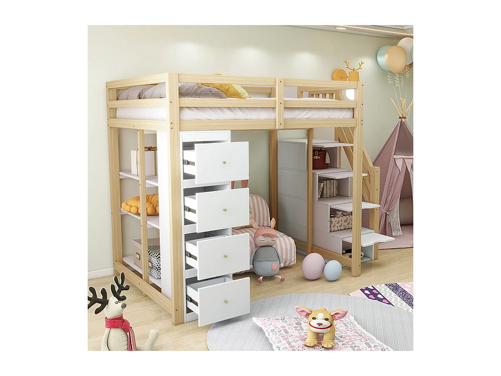 Lit mezzanine enfant 140x200 avec tiroir de rangement Commode avec étagères échelle à grimper de sécurité Couleur Bois