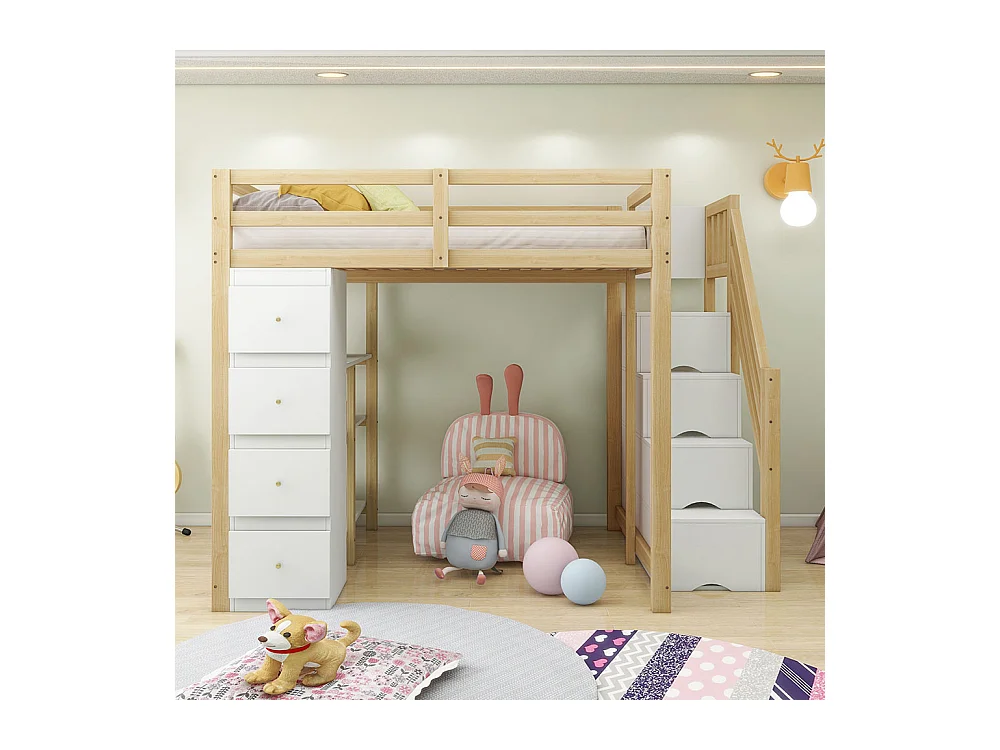 Lit mezzanine enfant 140x200 avec tiroir de rangement Commode avec étagères échelle à grimper de sécurité Couleur Bois